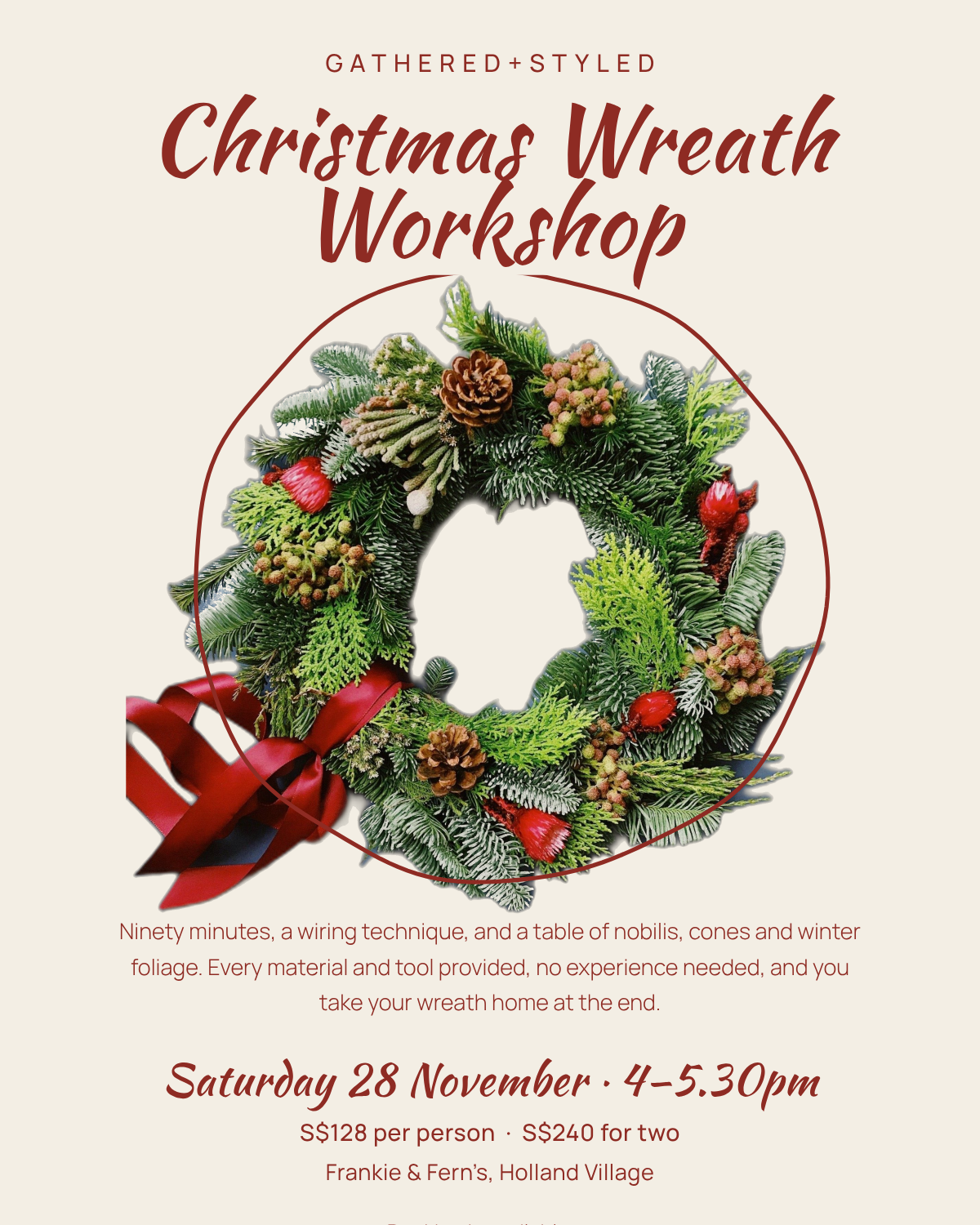 Fresh Christmas wreath-making workshop at Frankie and Fern's, Holland Village, Singapore