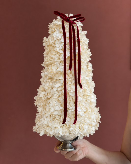 Preserved hydrangea Christmas tree in white and cream with red velvet ribbon, Singapore
