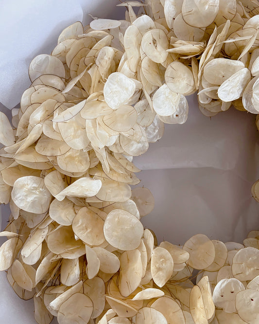 Lunaria honesty wreath of silver-white dried discs by Gathered+Styled, Singapore
