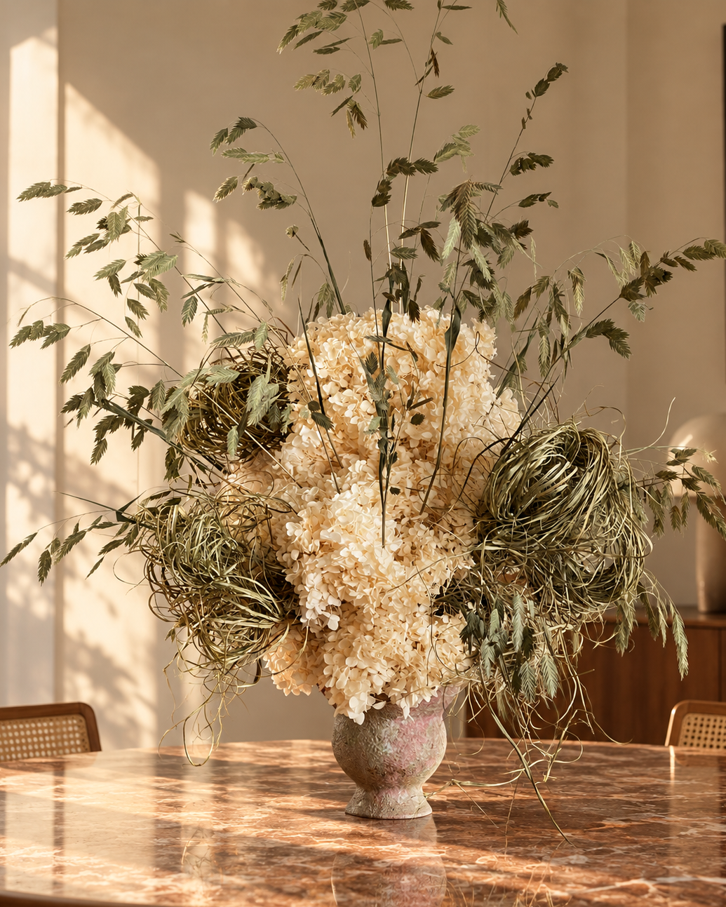 Ecru preserved hydrangea centrepiece on a marble dining table with rattan chairs