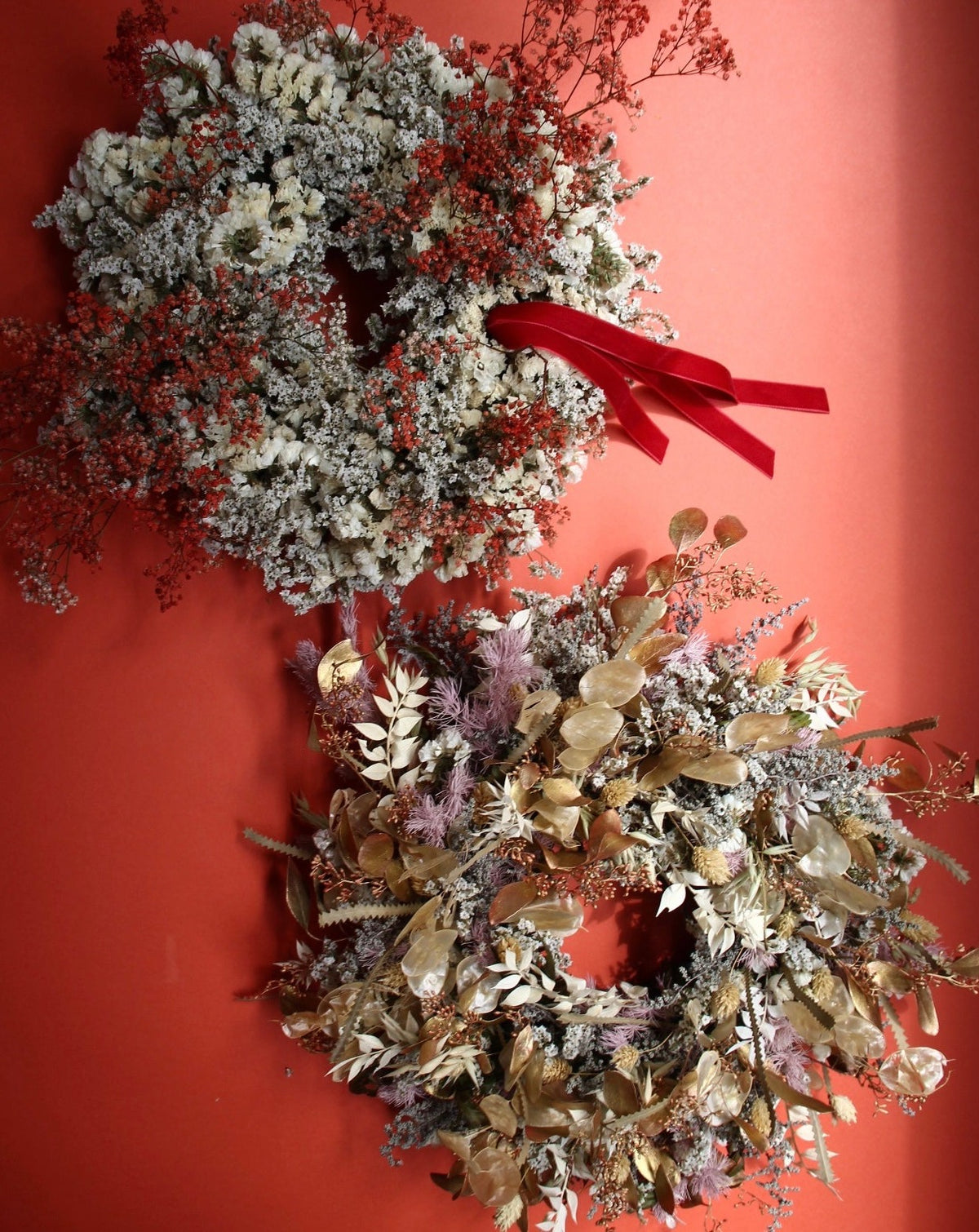 Preserved gold and white Christmas wreath with layered dried textures, Gathered+Styled