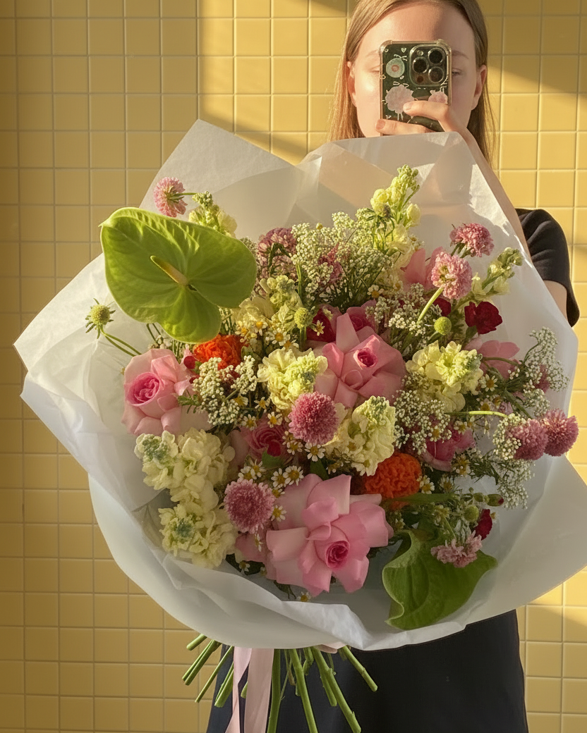 Weekly drop - a large summer bouquet in pastel tones with roses, anthurium and matthiola by Gathered+Styled, delivery in Singapore