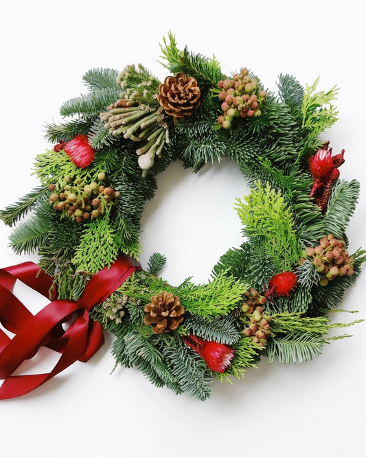 Fresh Christmas wreath of pine and seasonal foliage, 30cm on a straw base, made in Singapore