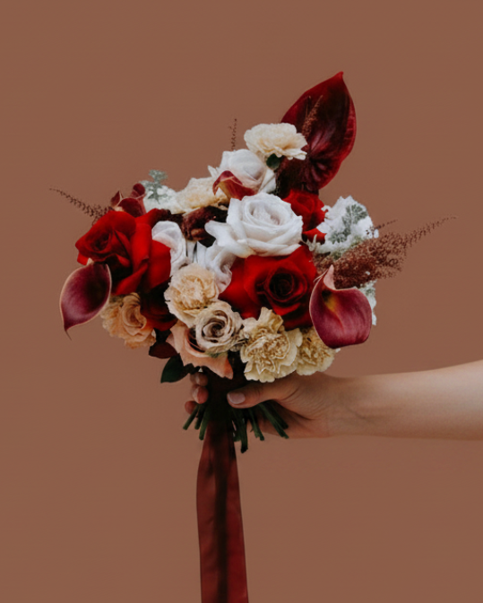Dark red and burgundy bridal bouquet with roses and foliage — Gathered+Styled Singapore
