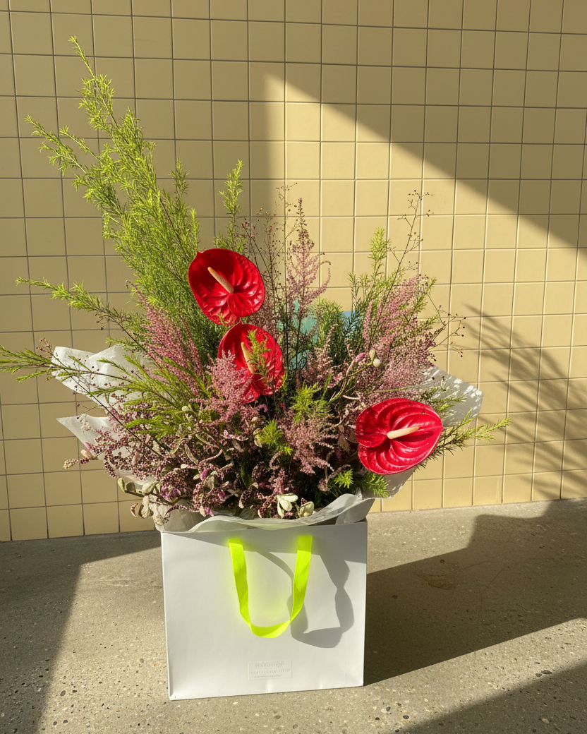 Weekly Drop - a large bouquet with anthuriums, lush foliage and astilbe by Gathered+Styled, Singapore 