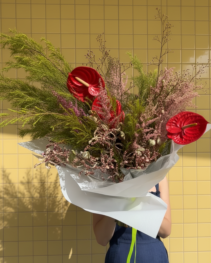 Weekly Drop - a large bouquet with anthuriums, lush foliage and astilbe by Gathered+Styled, Singapore 