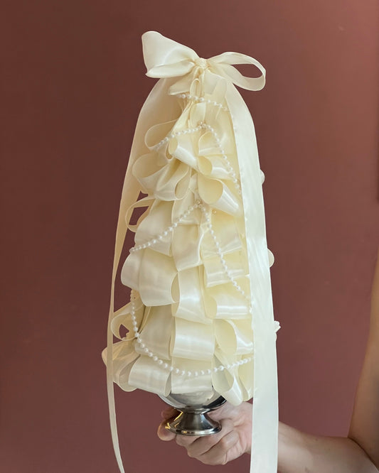 White Satin dried Christmas tree, a 40cm tabletop piece in satin and pearls