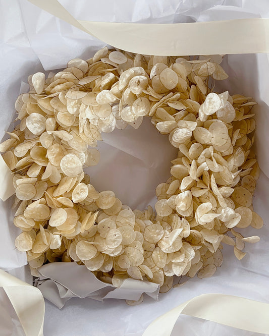 Dried lunaria wreath with translucent silver seed discs, about 38cm, tied with silk ribbon
