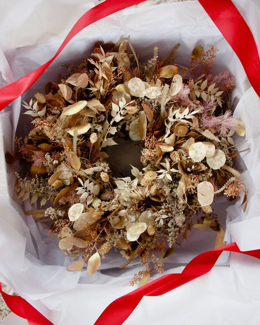 Cinnamon Sugar preserved wreath in gold and white with layered dried florals