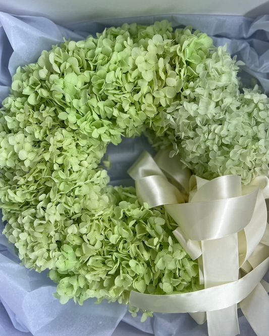 Green preserved hydrangea wreath from Gathered+Styled, indoor festive decor