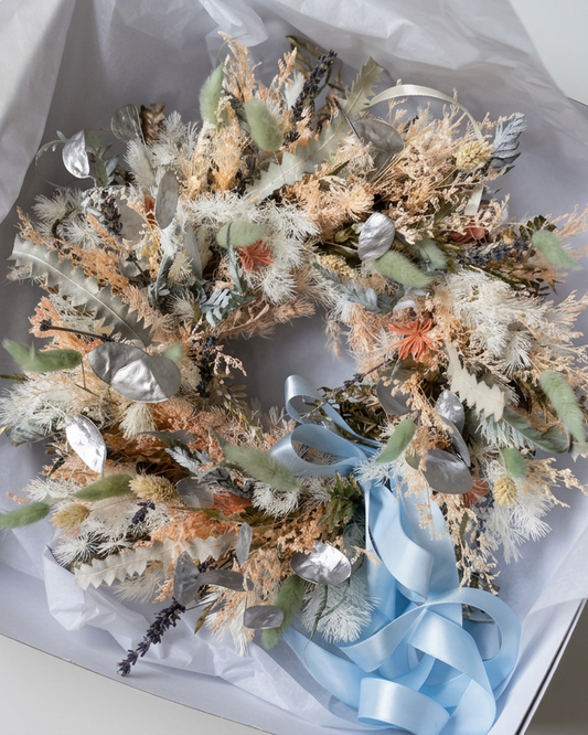 Blue Icing preserved wreath in blue and white dried florals, about 35cm