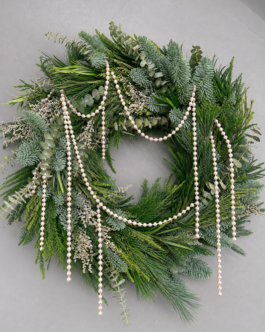 Minimalistic pearl Christmas wreath: fresh pine, 30cm, strung with pearls, Singapore