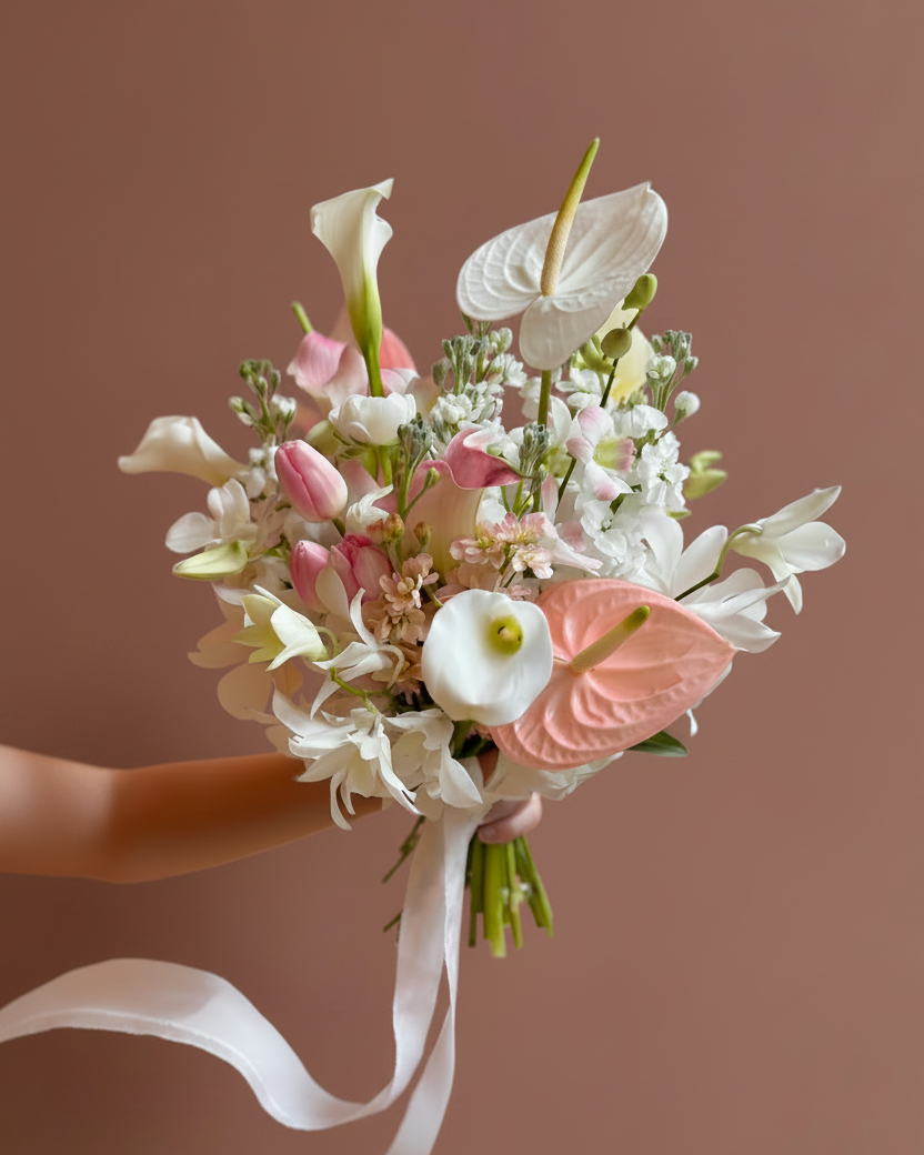 The Bridal Edit All Day Rose — pastel blush bridal bouquet and boutonniere by Gathered+Styled Singapore wedding florist