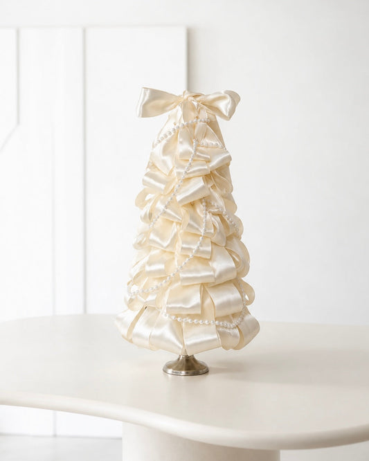 White Satin dried Christmas tree, a 40cm tabletop piece in satin ribbon and pearl strings
