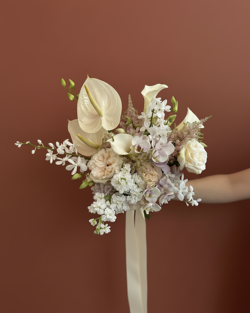 White and cream bridal bouquet with seasonal blooms — The Bridal Edit Sugar Glaze, Gathered+Styled Singapore