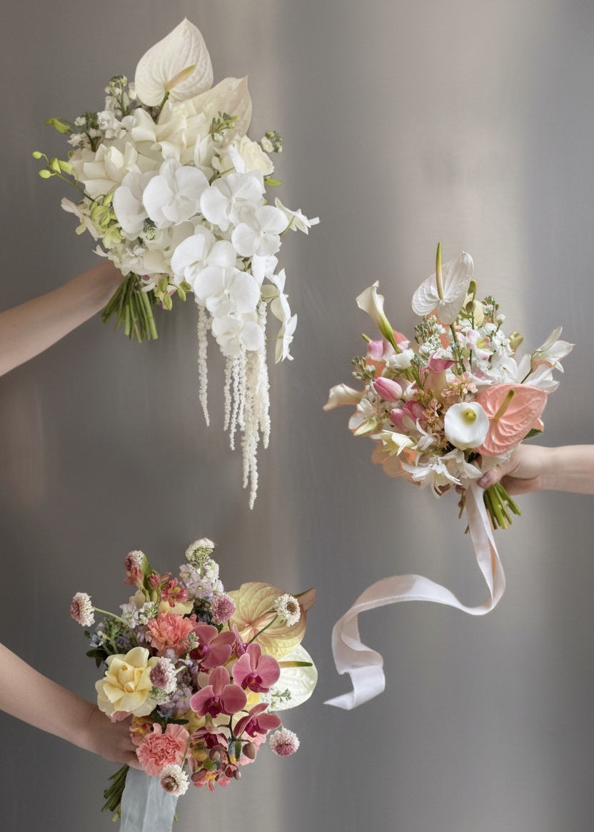 Collection of bridal bouquets in various colour palettes — The Bridal Edit, Gathered+Styled Singapore