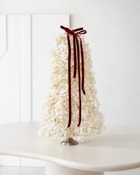 Whipped Cream preserved hydrangea Christmas tree, 40cm tabletop, with red velvet ribbon