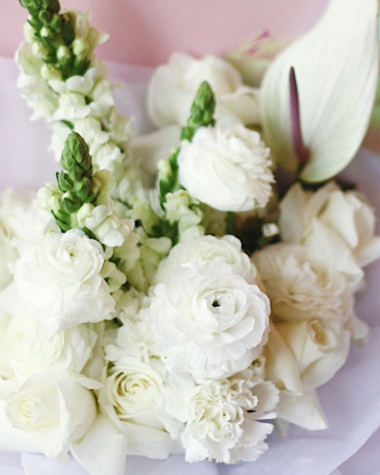 White and cream bridal bouquet with seasonal blooms — The Bridal Edit Sugar Glaze, Gathered+Styled Singapore