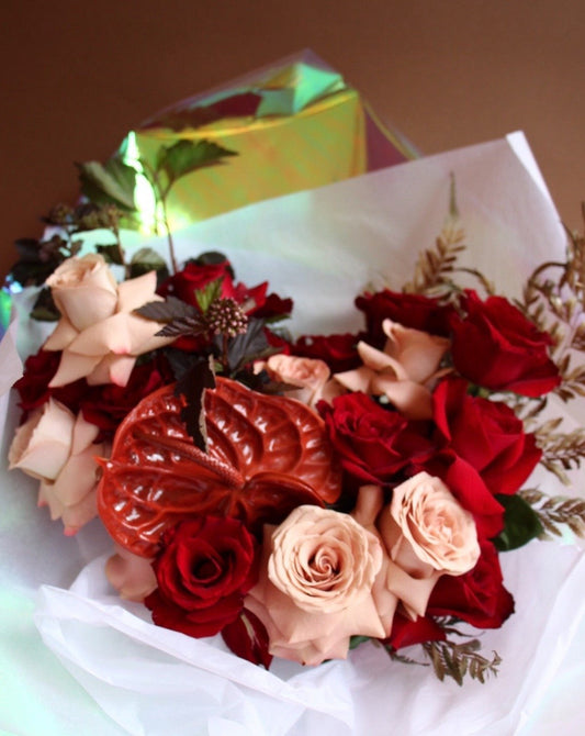 Dark red and burgundy bridal bouquet with roses and foliage — Gathered+Styled Singapore
